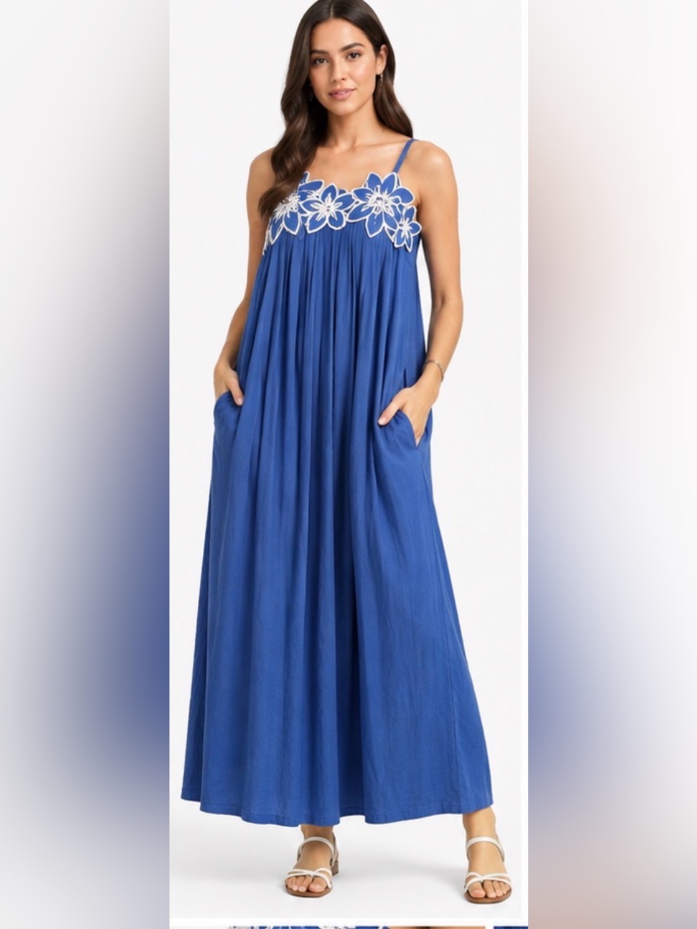NWT COMMENSE Blue Linen Blend Floral Appliqué Maxi Dress Pockets S